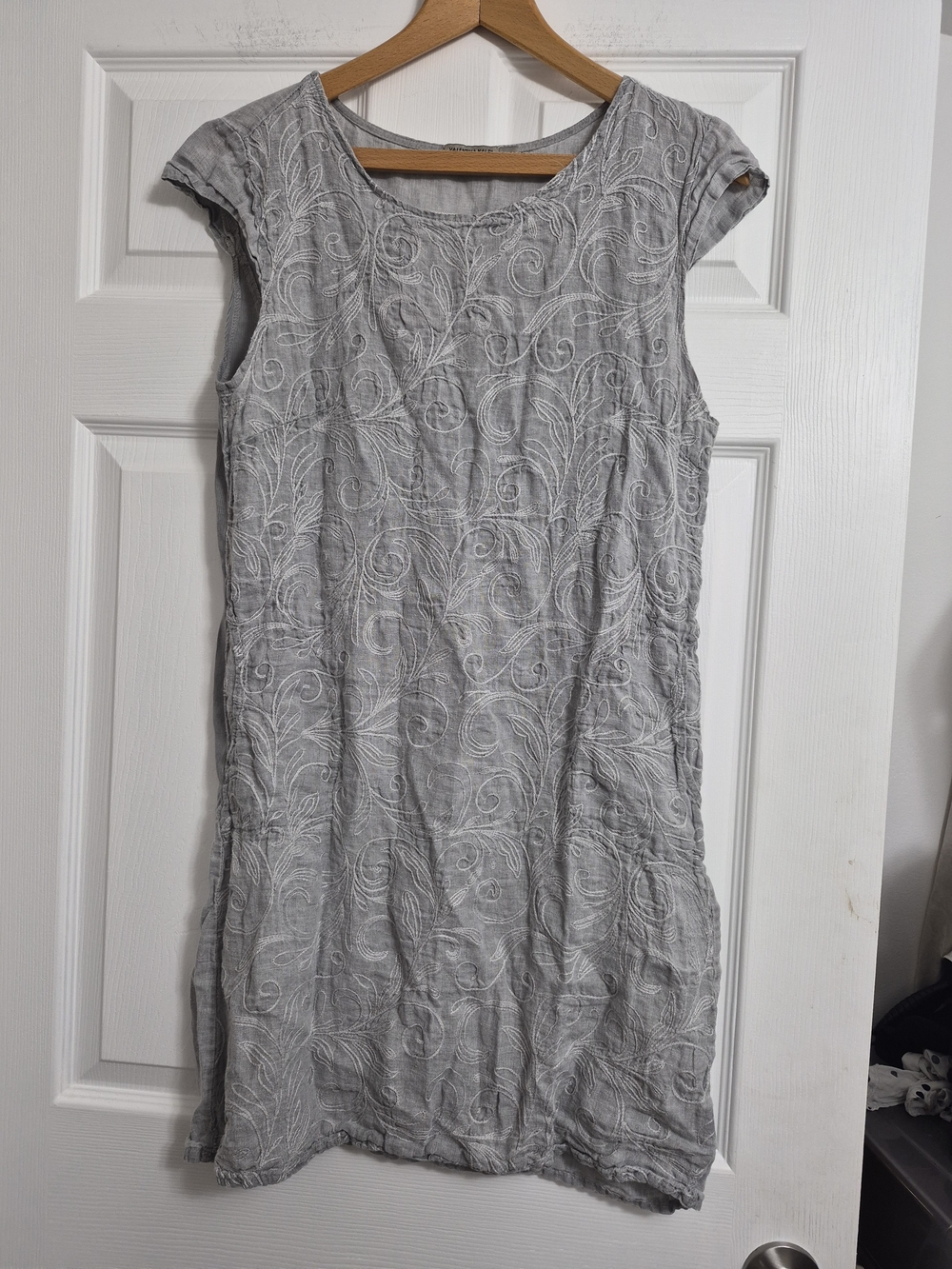 Embroidered Light Gray Midi Dress with Cap Sleeves 100% Linen